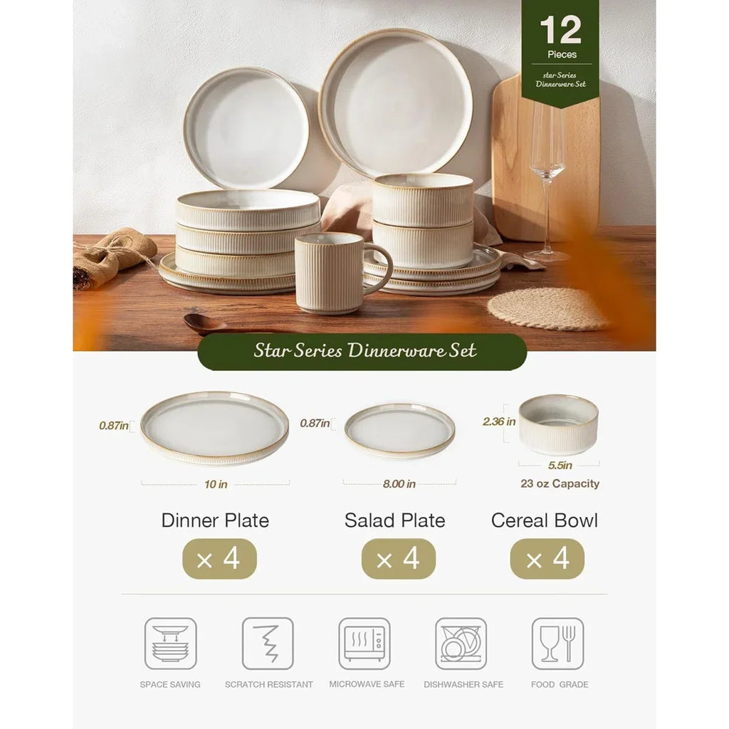🍽️ 12-Piece Stoneware Dinnerware Set for 4 – Modern Ceramic Crockery Set for Everyday Dining & Entertaining