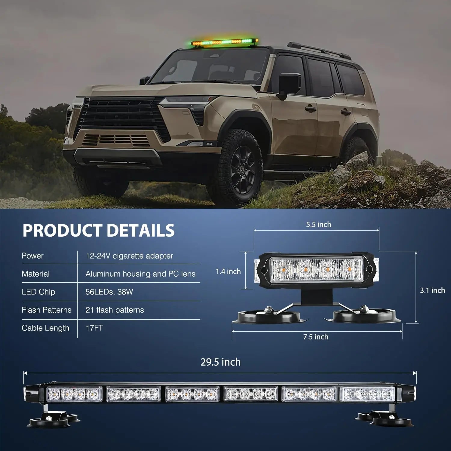 29.5" 56LED Magnetic Roof Top Strobe Light Bar – 12V-24V High-Visibility Warning Light for Work Vehicles