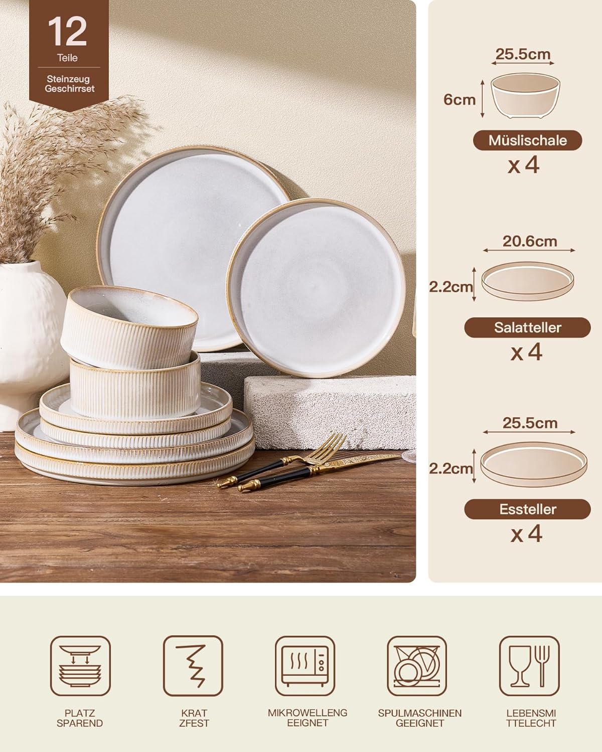 🍽️ 12-Piece Stoneware Dinnerware Set for 4 – Modern Ceramic Crockery Set for Everyday Dining & Entertaining