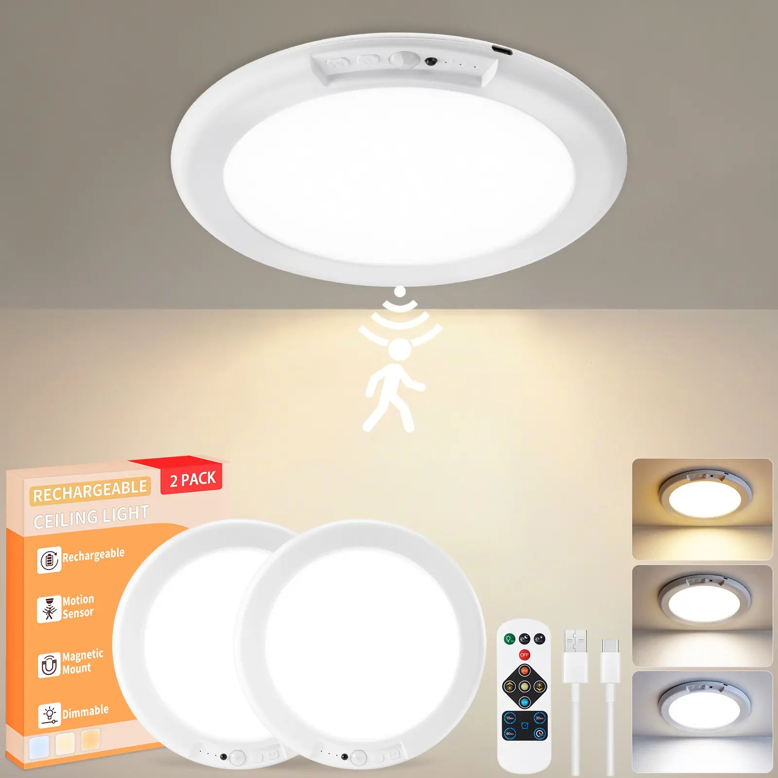 Rechargeable Magnetic Ceiling Lights 2-Pack with Remote