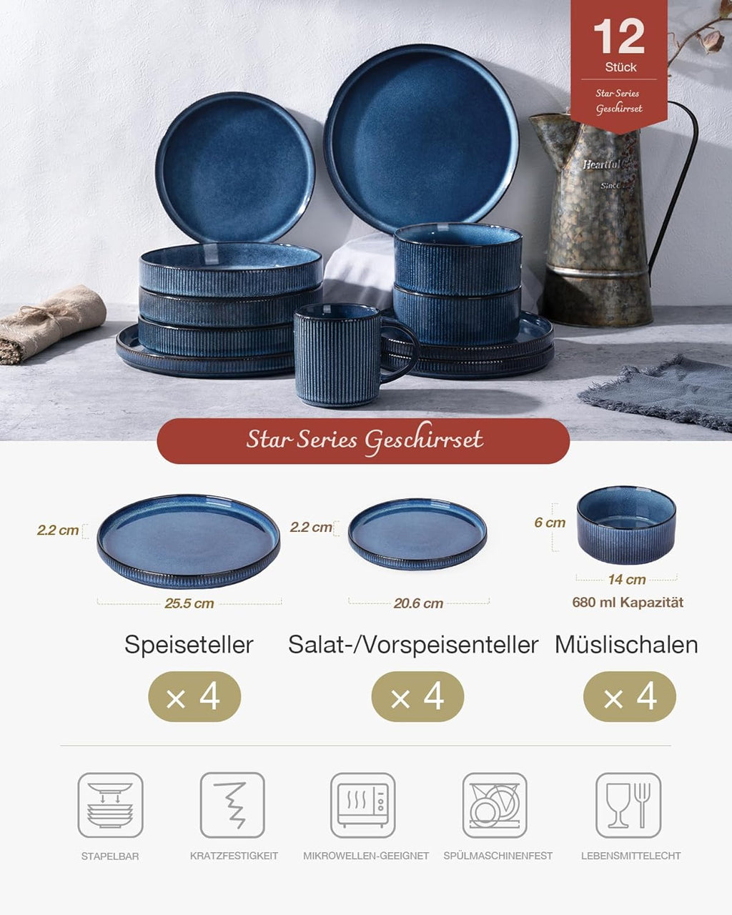 🍽️ 12-Piece Stoneware Dinnerware Set for 4 – Modern Ceramic Crockery Set for Everyday Dining & Entertaining