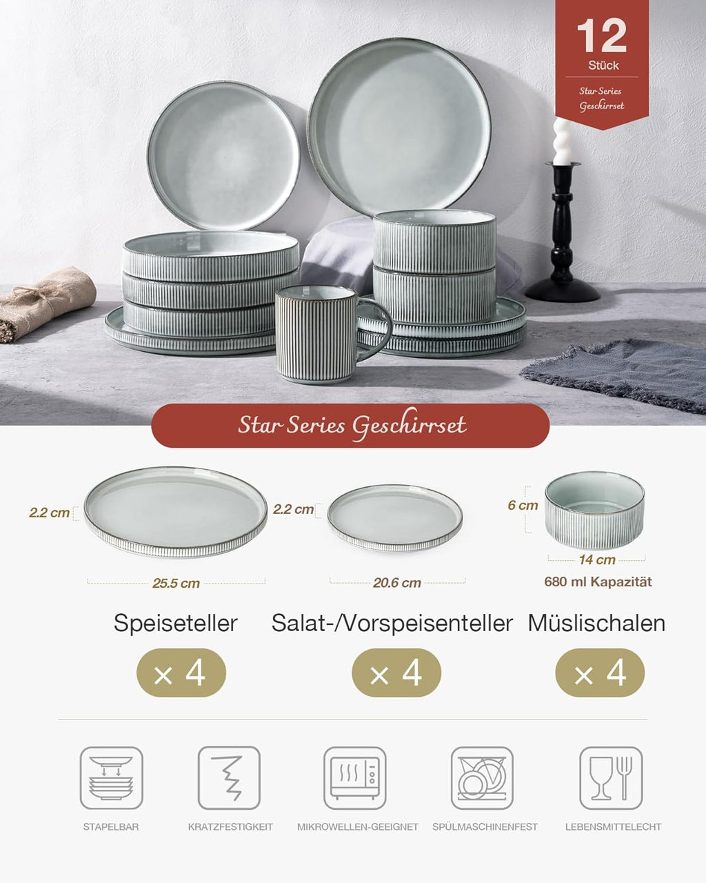 🍽️ 12-Piece Stoneware Dinnerware Set for 4 – Modern Ceramic Crockery Set for Everyday Dining & Entertaining