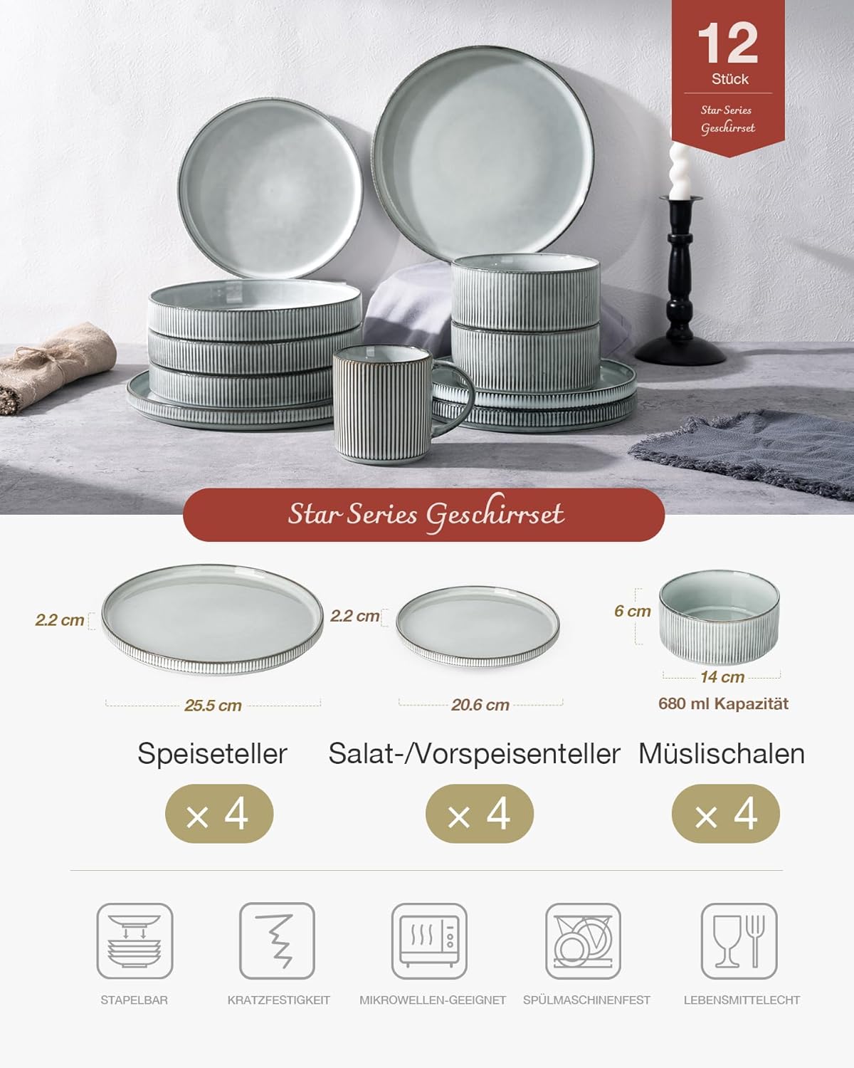 🍽️ 12-Piece Stoneware Dinnerware Set for 4 – Modern Ceramic Crockery Set for Everyday Dining & Entertaining